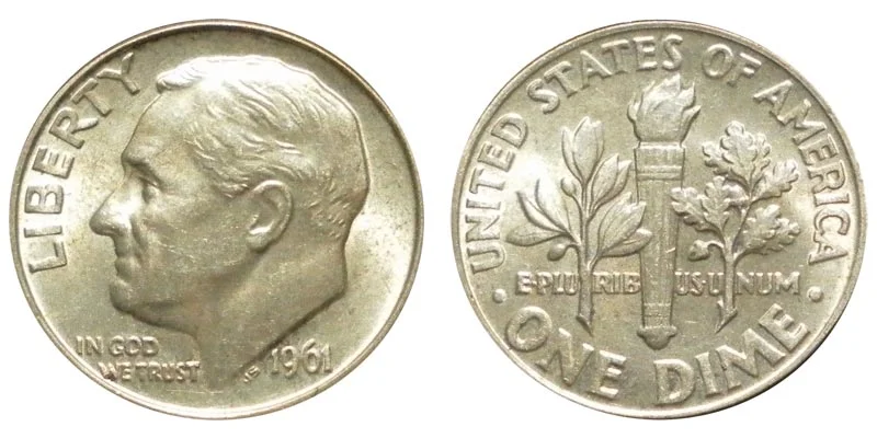 1961 Roosevelt dime obverse and reverse, 90% silver Philadelphia mint example