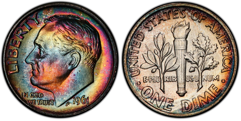 1961 Roosevelt dime reverse comparison: partial torch bands versus full bands separation