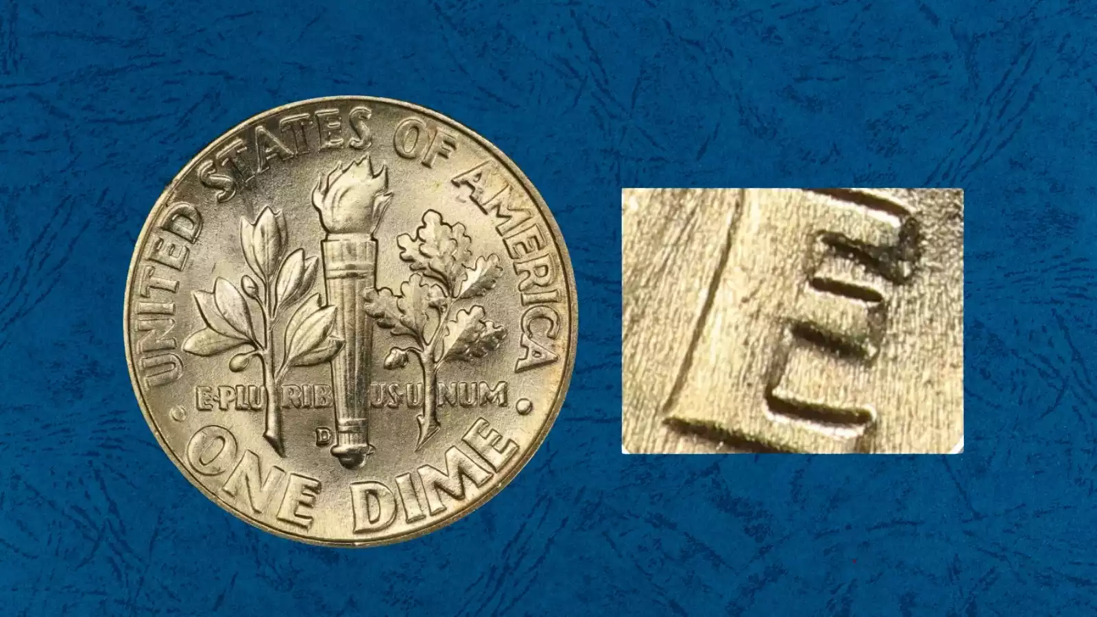 1961-D Roosevelt dime DDR FS-801 doubled die reverse showing doubling on 'UNITED STATES OF AMERICA'