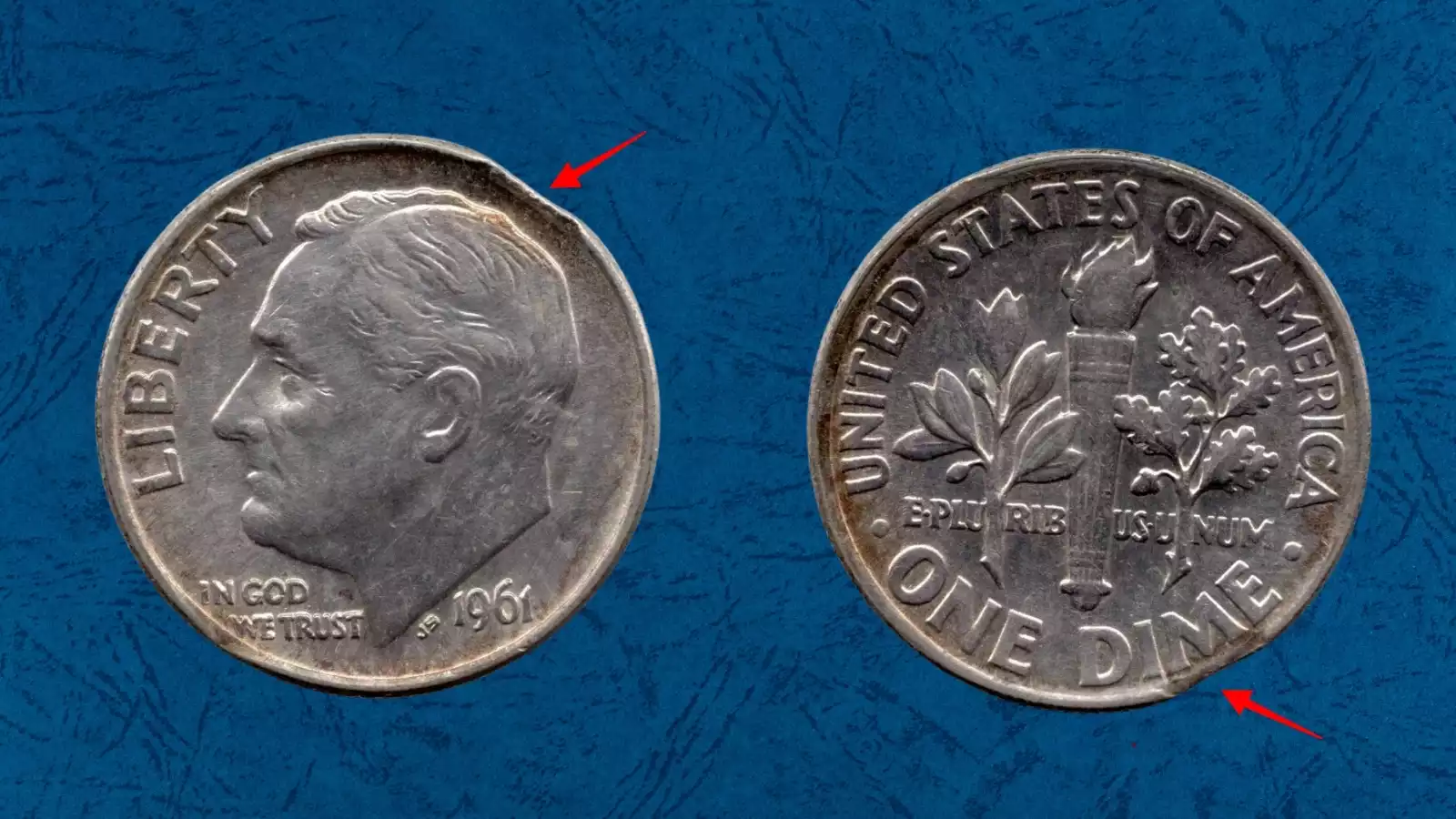1961 Roosevelt dime clipped planchet error with curved section of metal missing from the edge