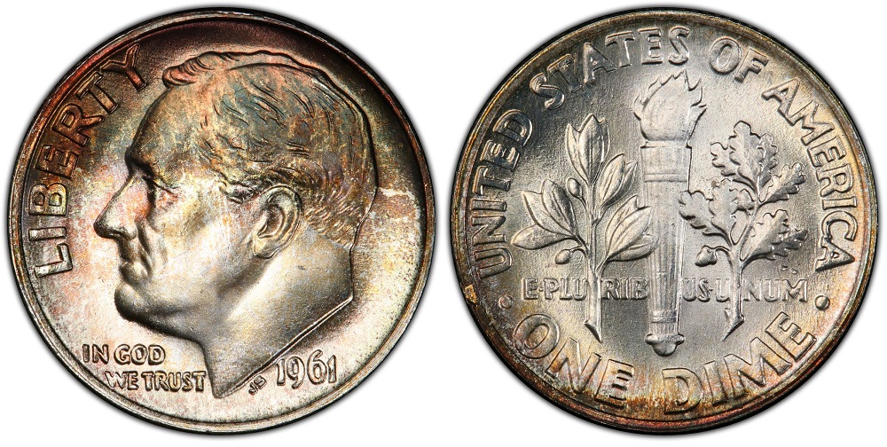 1961 Roosevelt dime grading strip showing four condition tiers from worn to gem MS-67